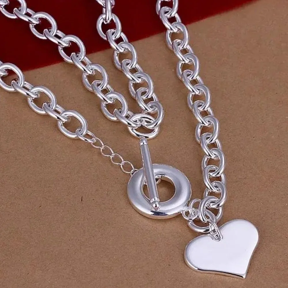 Toggle O-Chain w/ Heart Pendant 18 Inch Long Chain Stamped .925 Sterling Silver
